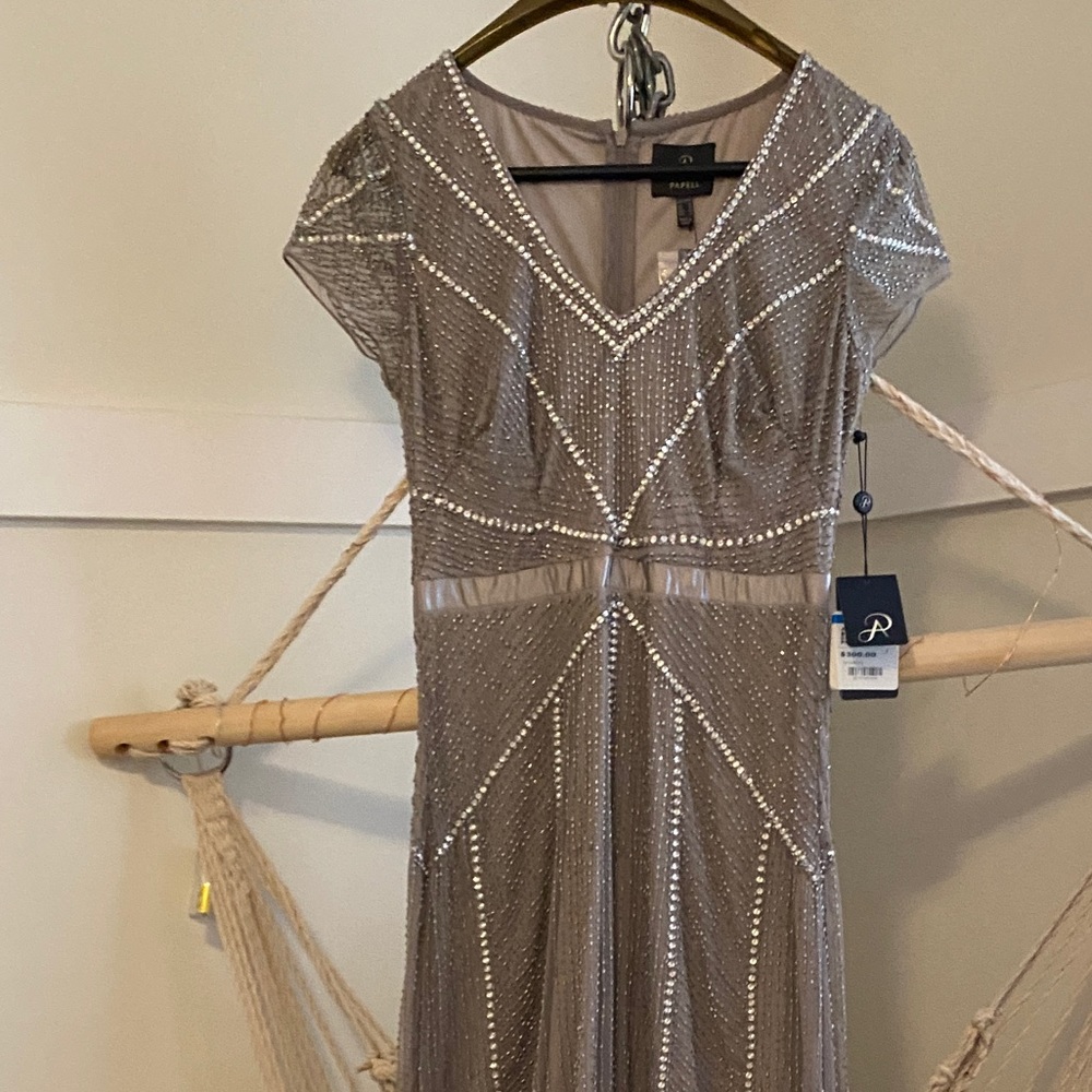 Adriana Papell beaded evening gown in platinum grey - formal dress New With Tags